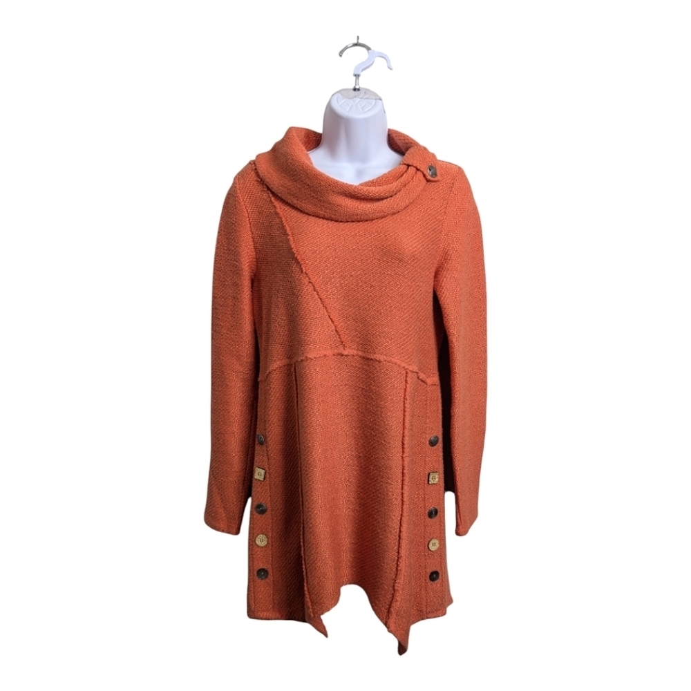 Soft Surroundings Women's Orange Tweed Tunic Sweater Cowl Neck Side Buttons XS
